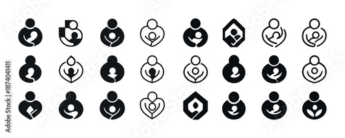 Collection of creative family and parenthood icons in black and white
