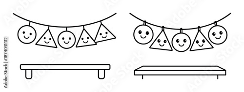 Geometric face banners with smiling shapes and simple platforms