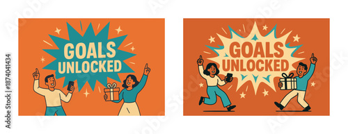 Happy diverse adults celebrating achievements with gifts and smartphones