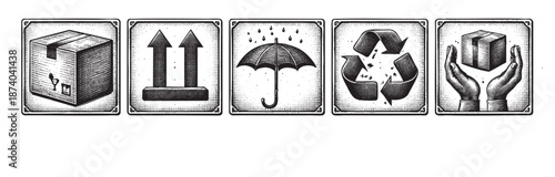 A collection of five vintage woodcut style icons representing shipping and handling symbols including a parcel, directional arrows, rain protection, recycling, and careful handling with hands.