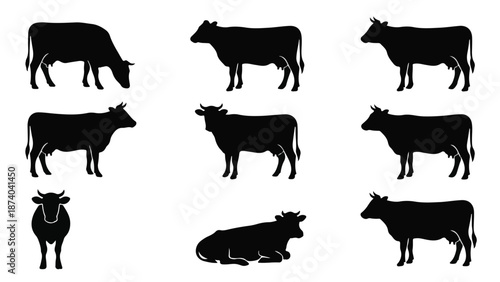 Nine Different Cow Silhouettes in Various Poses