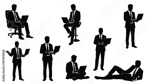Businessmen Silhouettes Working on Laptops in Multiple Poses