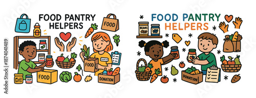 Children helping at food pantry with donations and groceries