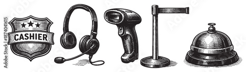 A collection of vintage-style black and white illustrations of retail and service objects including a cashier badge, headphones, a barcode scanner, a queue stanchion, and a service bell.