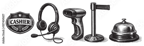 Collection of vintage style black and white illustrations representing service and retail, including cashier emblem, headset, barcode scanner, stanchion, and bell.