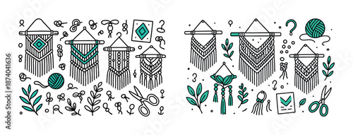 Macrame decor and tools with leaves and yarn on white background