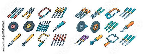 Colorful hand tool collection: screwdrivers, pliers, saws, blades, files, wrenches
