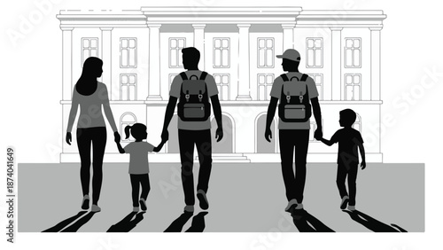 Family with children walking towards school building, academic year concept