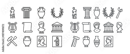 Ancient greek symbols and artifacts line icons collection