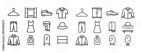 Clothing and accessories icons: shoes, apparel, wardrobe, hat, mirror, perfume