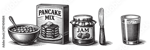 A black and white woodcut style illustration depicts a classic breakfast spread featuring pancake mix, a bowl of blueberries, jam, a knife, and a glass of juice.