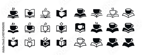 Collection of coffee and book icons in various styles and designs