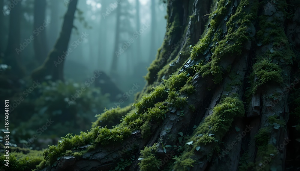 Fototapeta premium Mossy Tree Trunks in Dense Foggy Forest
