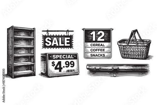 A vintage sketch of assorted retail elements including a shelf, sale signs, a grocery basket, and a price tag on a white background.