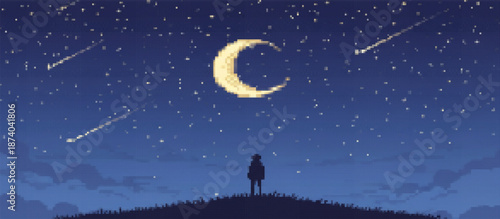 A pixel art landscape features a lone figure on a hilltop observing a crescent moon and shooting stars across a vast, dark blue night sky above silhouetted mountains