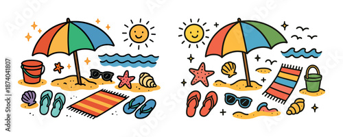 Colorful beach accessories with umbrella and flip-flops under sun