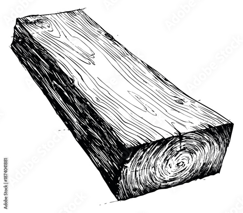Hand drawn line art illustration of a wooden plank depicting natural wood grain for construction and design