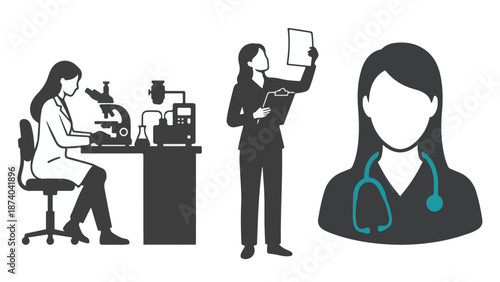 Women in Science and Medicine: Research, Lab, and Doctor Icons