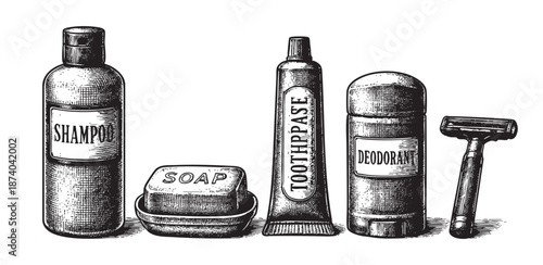 A detailed black and white engraving showcases essential grooming items including shampoo, soap, toothpaste, deodorant, and a razor, evoking a classic, nostalgic aesthetic for personal care.