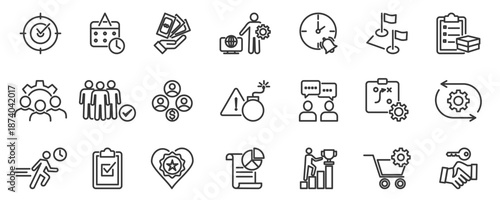 project management vector illustration concept with icon of human resources, risk, scope, cost, communication, time, procurement and project management universe icon set