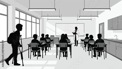 Inclusive classroom scene with teacher, students, and a student on crutches
