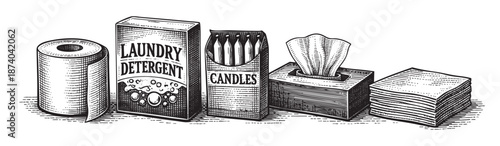 A detailed ink sketch showcases a collection of vintage household items including toilet paper, laundry detergent, candles, and tissues, rendered in a classic engraving style.