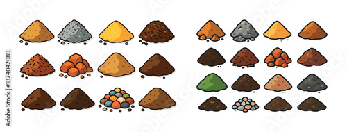 Variety of dirt and soil piles in different colors and textures