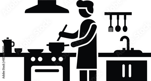 Stylized black silhouette icon depicting a professional chef actively cooking food in a modern kitchen setting near a sink and stove