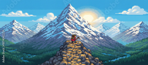 Pixel art adventurer scales a rugged rocky mountain with a pickaxe, overlooking a breathtaking landscape of snowy peaks, green valleys, and a bright sunny sky