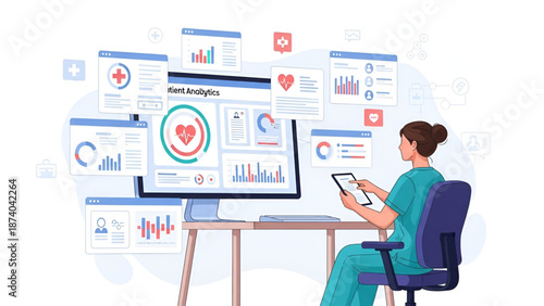 Healthcare patient analytics dashboard showing medical data charts digital hospital technology for doctor nurse clinic research marketing training and health business promotion