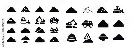 Construction equipment and pile icons set for earthwork projects