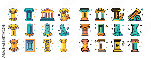 Colorful assortment of classical and decorative architectural columns and structures