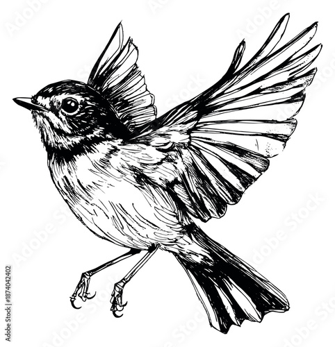 Hand drawn line art illustration of a bird depicting flight for nature concepts