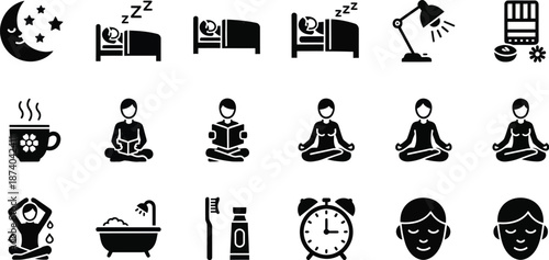 Collection of black silhouette icons representing diverse nighttime routines including relaxation meditation bathing sleep preparation and hygiene practices
