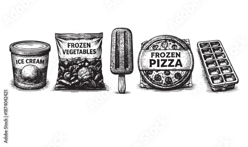 A collection of frozen food items including ice cream, frozen vegetables, a popsicle, a pizza, and an ice cube tray, rendered in a black and white sketch style on a white background.