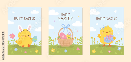 Set of cute happy Easter greeting cards witn yellow chickens, spring meadow, basket with decorated eggs. Flat vector illustration for festive designs.