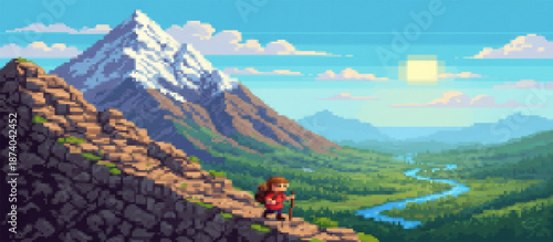 Pixel art adventurer scales a rugged rocky mountain with a pickaxe, overlooking a breathtaking landscape of snowy peaks, green valleys, and a bright sunny sky