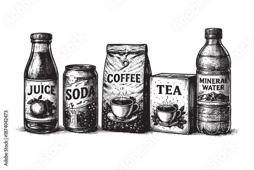 A vintage sketch in black and white depicts a variety of beverages including juice, soda, coffee, tea, and mineral water, presented as separate products.
