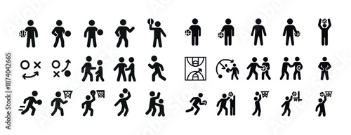 Basketball stick figure icons: players, actions, and strategies illustrated