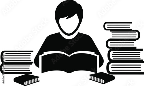 Black and white icon representing a dedicated student or scholar deeply focused on reading an open textbook surrounded by numerous stacked piles of literature