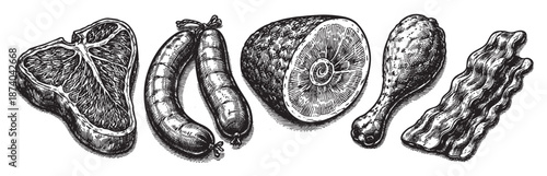 Vintage illustration of various meats including a steak, sausages, chicken leg, and bacon strips, rendered in a classic black and white etching style.
