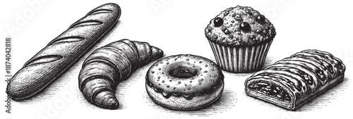 A detailed black and white etching of a variety of delicious baked goods including a baguette, croissant, donut, muffin, and strudel, perfect for bakery branding or culinary design.