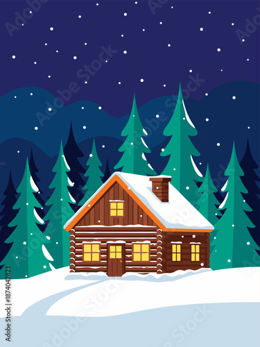 Cozy Winter Cabin in Snowy Forest A Charming Vector Illustration for Holiday Greetings