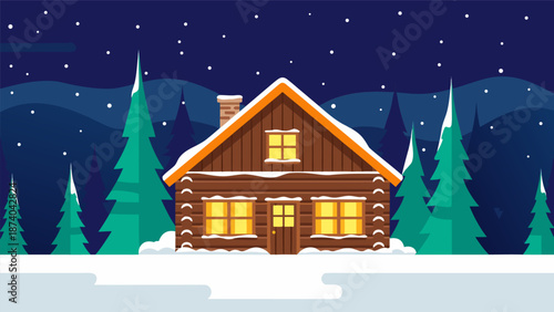 Cozy Wooden Cabin in a Snowy Forest at Night, Winter Landscape Vector Illustration