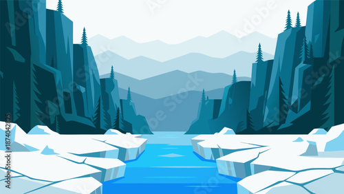 Serene Arctic Landscape Vector Illustration of a Frozen River Flowing Through Snowy Cliffs