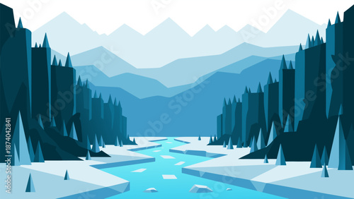 Serene Winter Landscape Vector Illustration with Frozen River and Snow-Covered Mountains