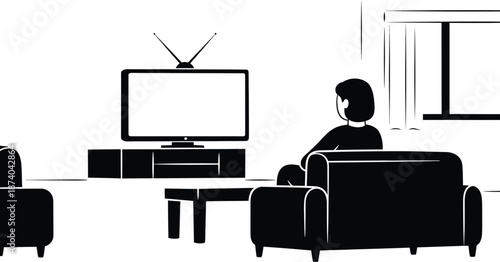 Simple black and white illustration depicts a person relaxing comfortably in an armchair watching television with an antenna in a minimalist living room setting