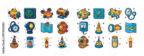 Set of cartoon submarine and nautical icons in vibrant colors