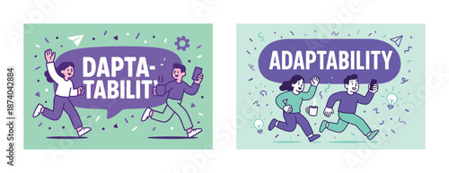 Illustrated characters celebrating adaptability with technology and movement
