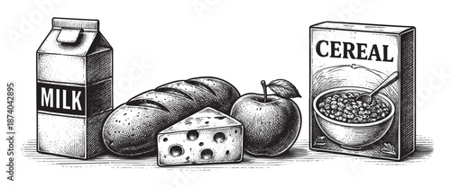 A black and white illustration depicts a carton of milk, a loaf of bread, a wedge of cheese, an apple, and a box of cereal with a bowl of cereal, evoking a classic, retro aesthetic.